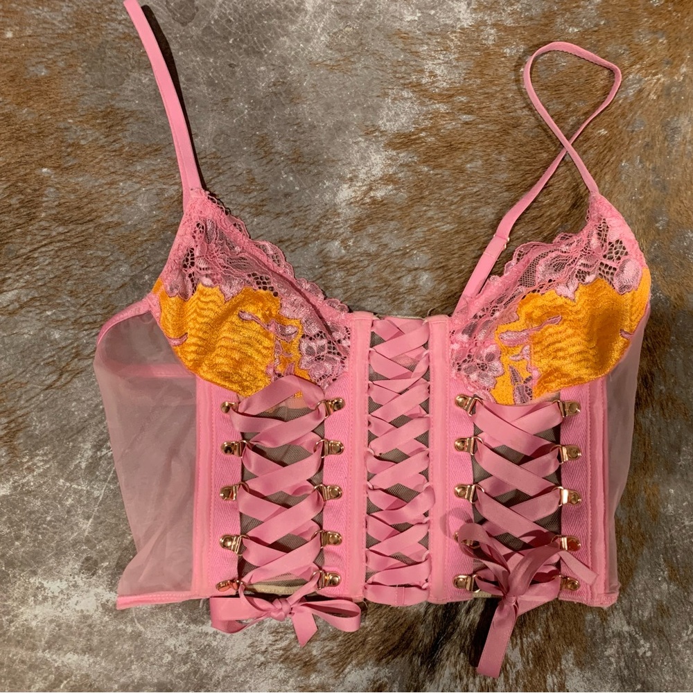 Pink and Orange Lace-Up Corset Top